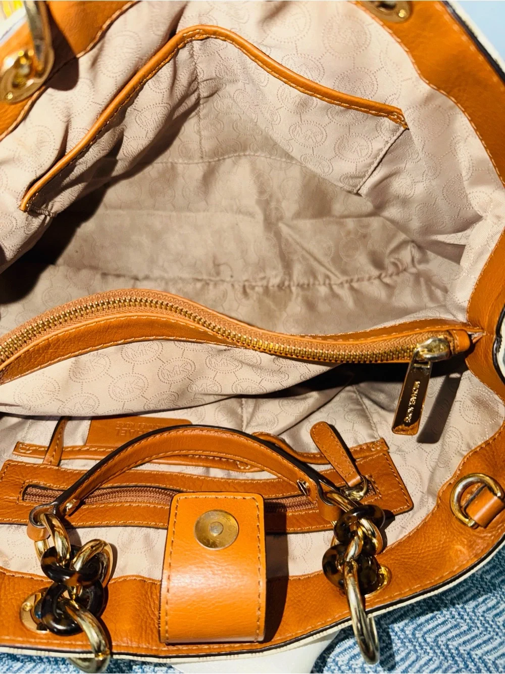 Michael Kors Cream & Brown MK Logo Tote with Gold Hardware
